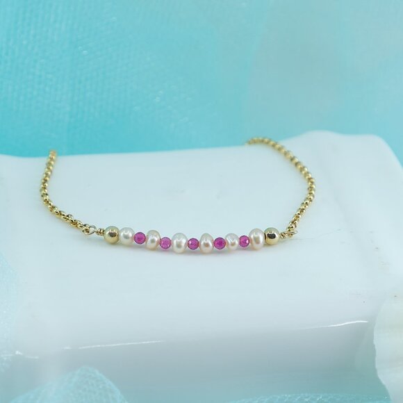 Pink Topaz & Tiny Pearl Bar Bracelet, 14k Gold Filled, Fast Shipping - Picture 6 of 10